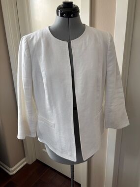 Talbots Linen Collarless, Open-Front, Cropped Jacket, White, Size 8
